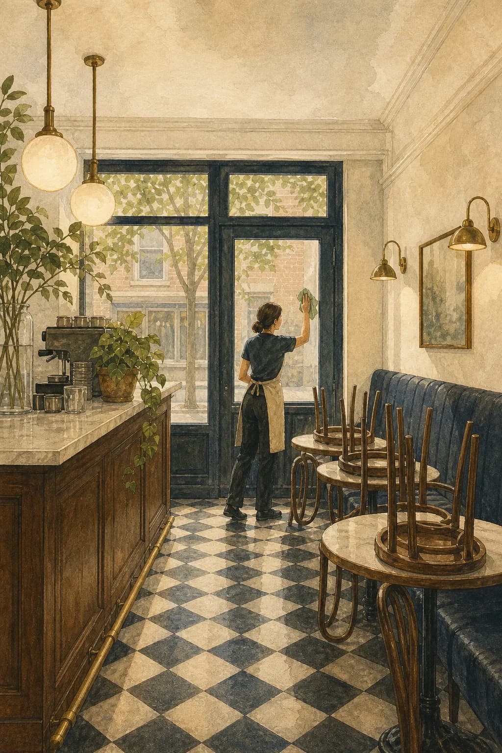 A painted polished customer-facing boutique or cafe after hours