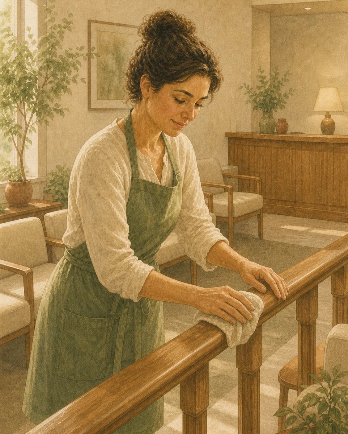 A painted cleaner detailing the entry rail in a customer-facing waiting room