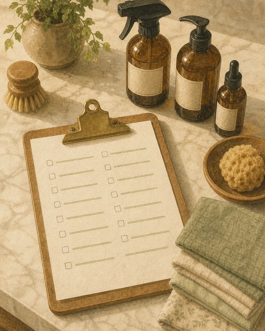 A painted deep-clean checklist and supplies arranged on a marble kitchen island