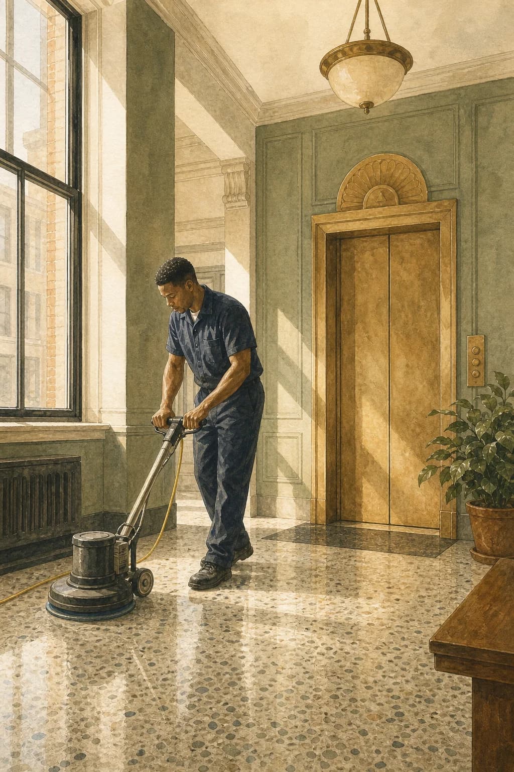 A painted polished commercial lobby tended after hours