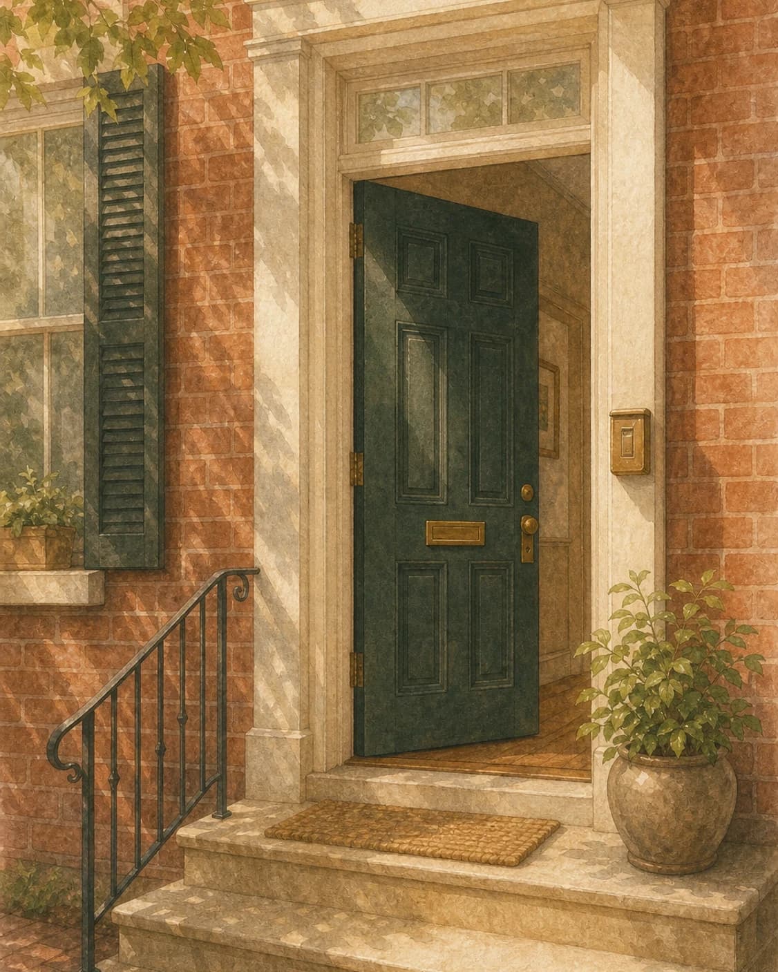 A painted Philadelphia doorway with a green front door, brass lockbox, and potted plant