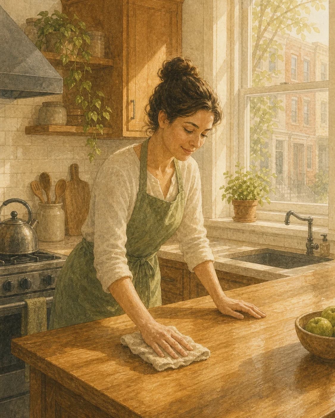 A painted cleaner in a sage apron wiping the counter of a warm rowhome kitchen