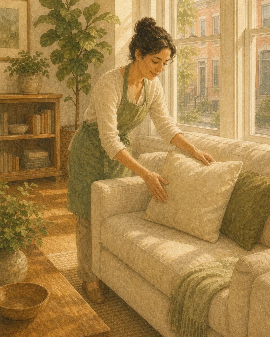 A painted cleaner in a sage apron smoothing sofa pillows in a sunlit rowhome living room