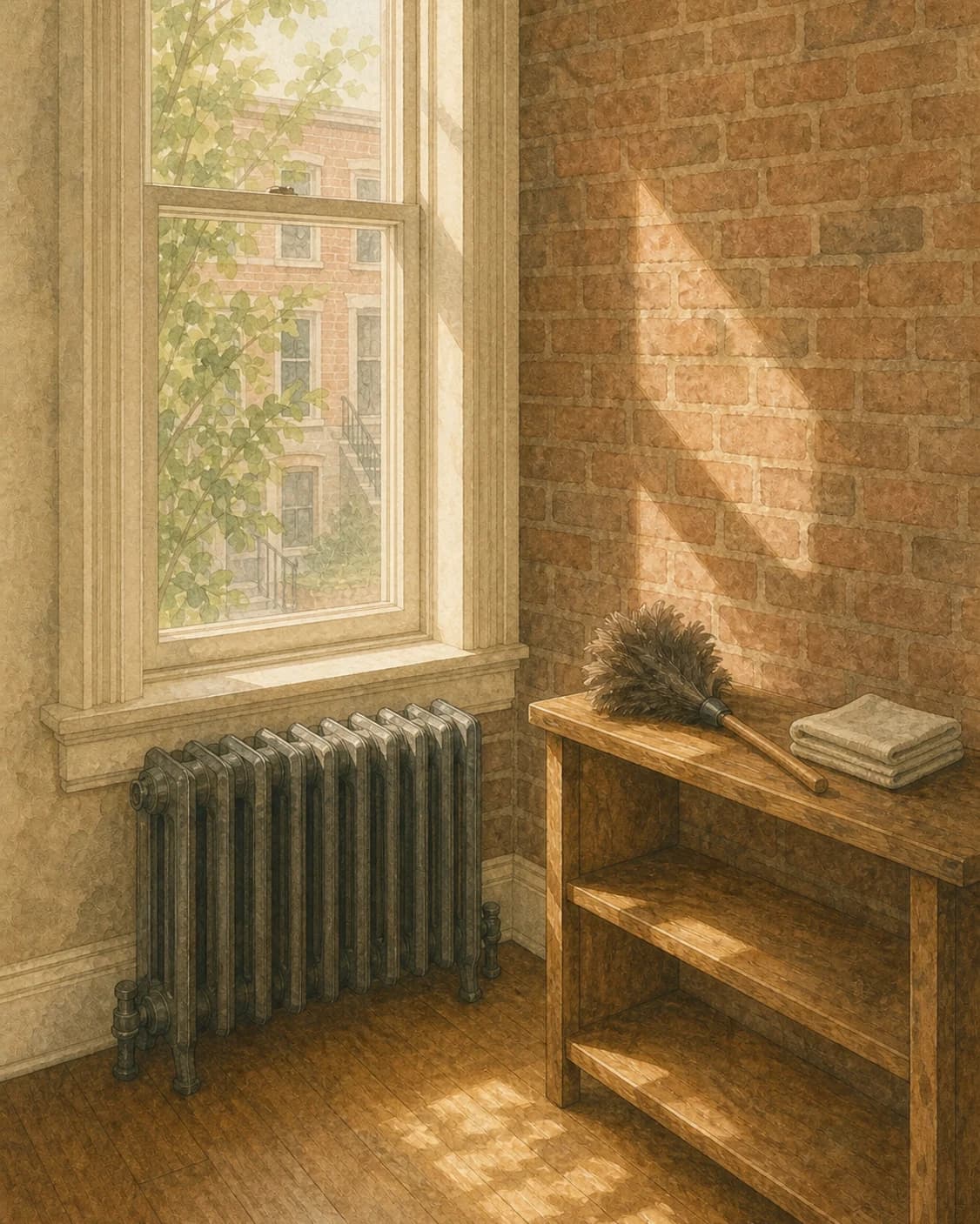 A painted rowhome corner with exposed brick, a cast-iron radiator, and hardwood floors