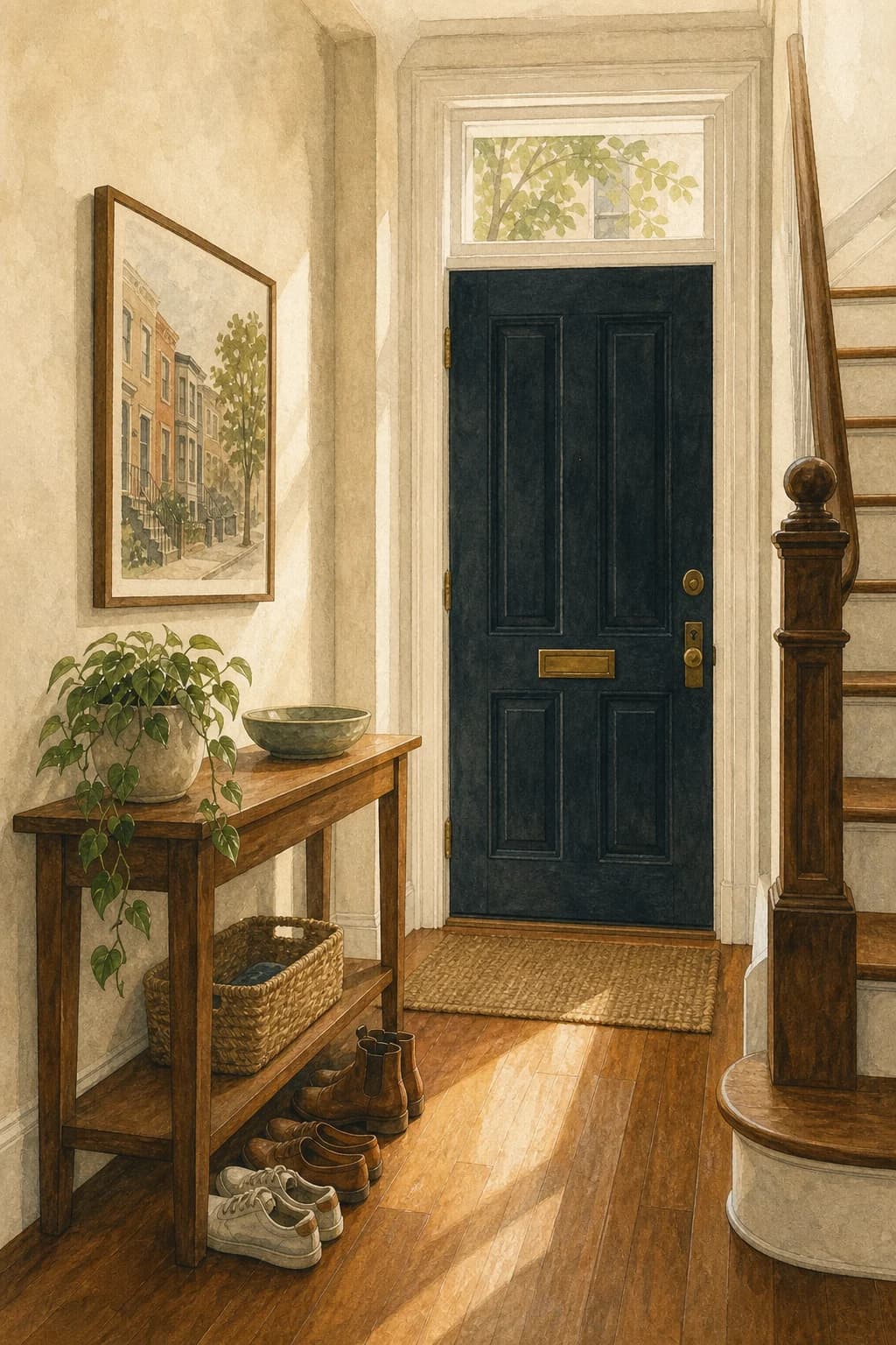 A painted tidy rowhome entry with a navy door, console, shoes, and basket