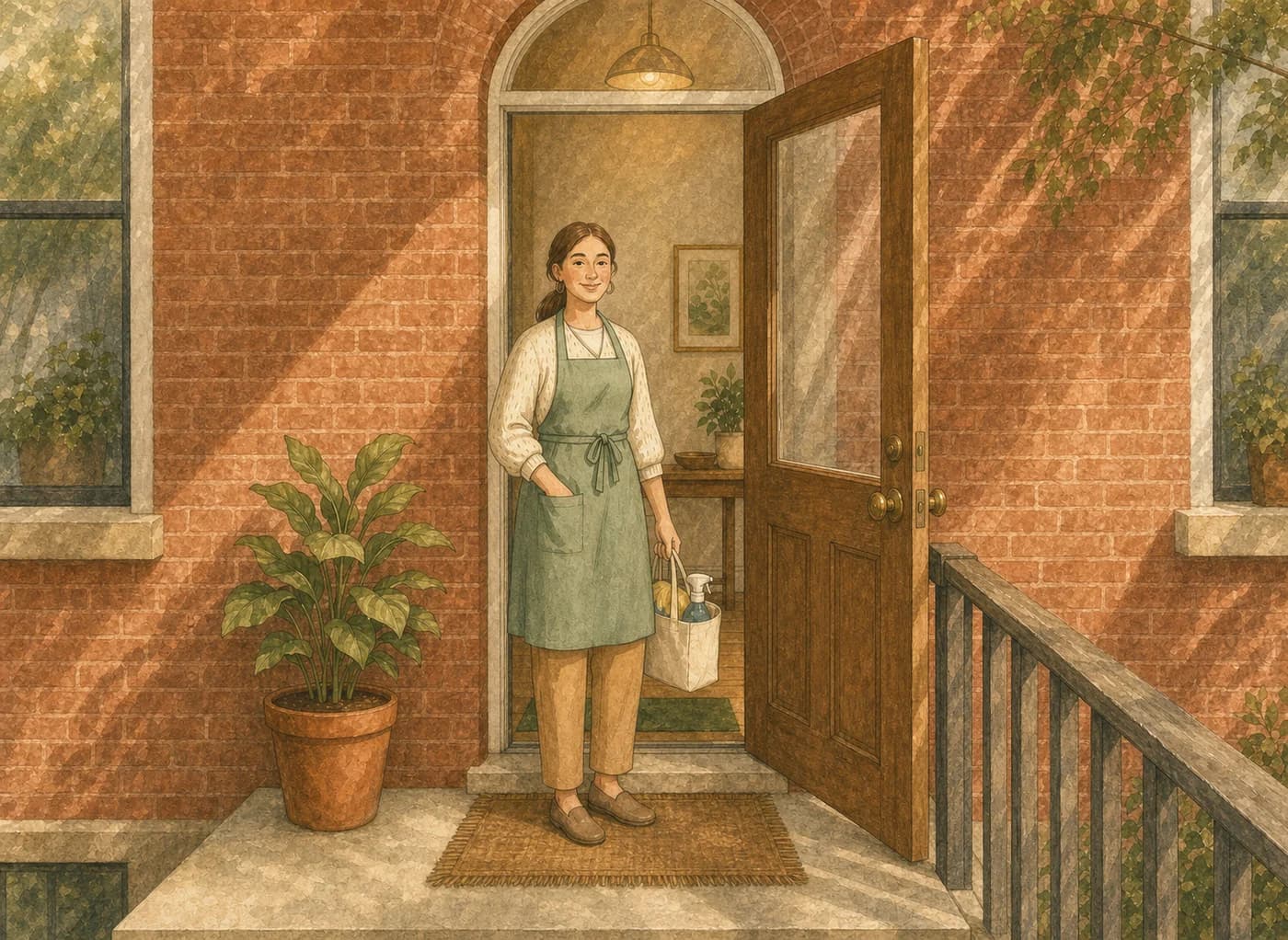 A Hometress cleaner standing in a Philadelphia rowhome doorway with her supply tote