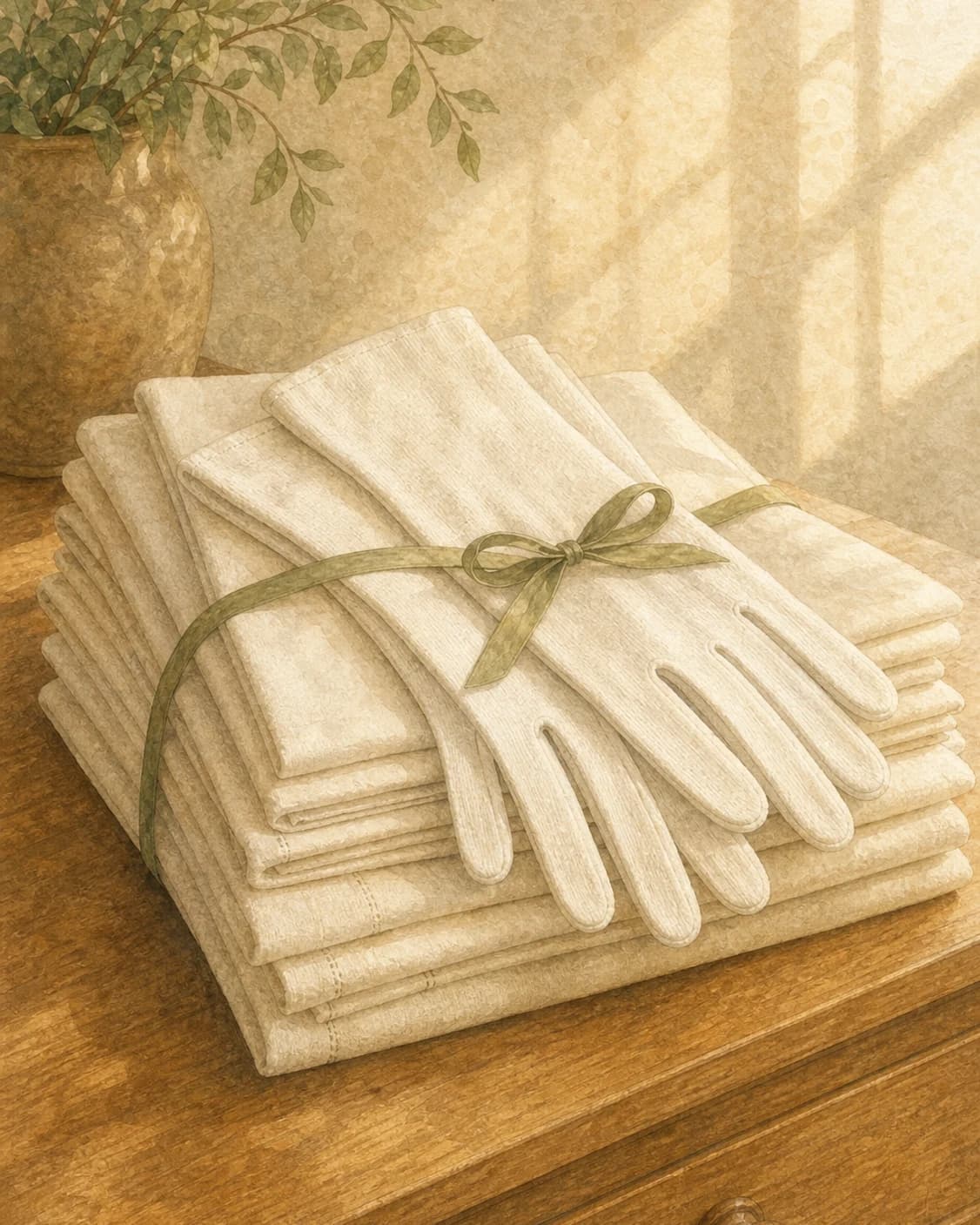A painted pair of white gloves on pressed linens tied with a sage ribbon