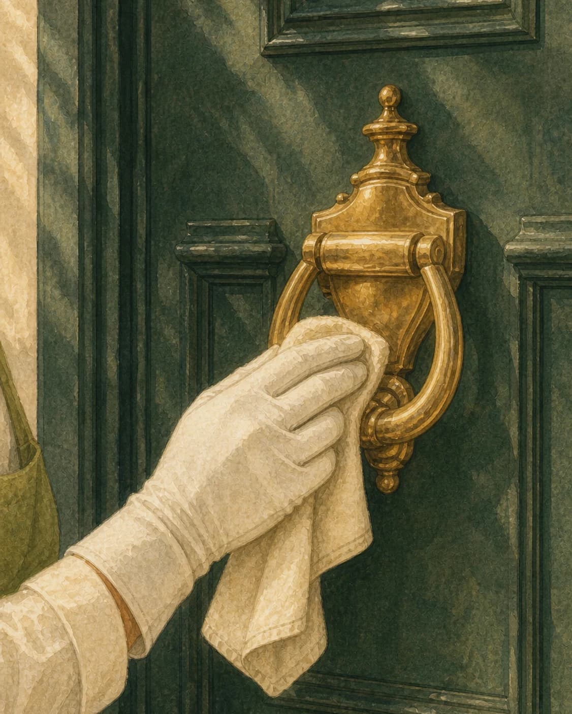 A painted gloved hand polishing a brass knocker on a deep-green Philadelphia door